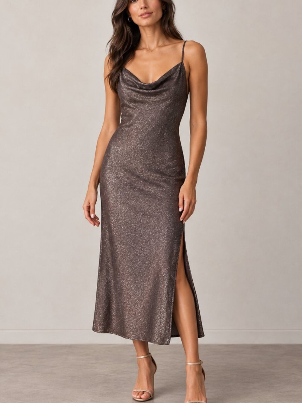 Liz & Sara Brown Shimmer Slip Maxi Dress Cowl Neck Size Large